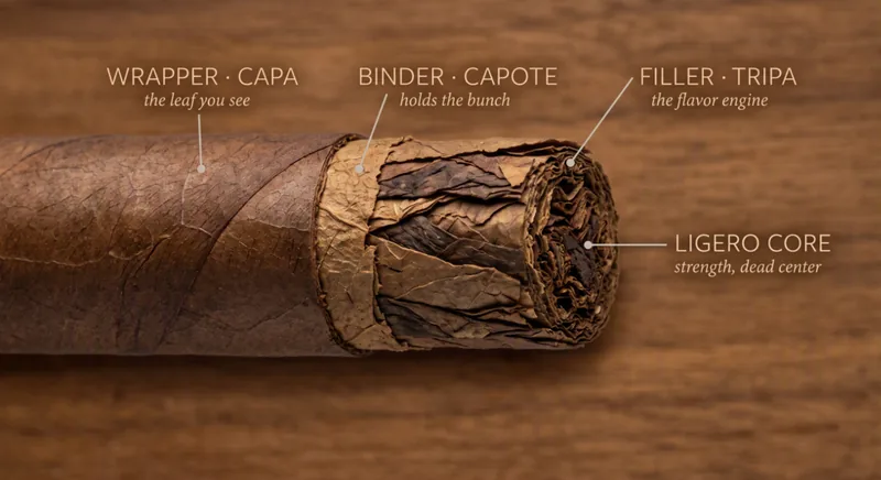 A cigar pulled apart at the foot, showing the wrapper, binder, and filler bunch.