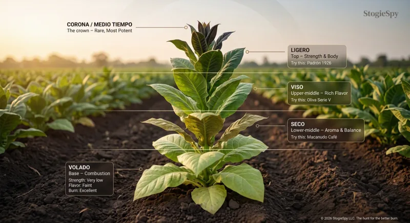 A tobacco plant in a field labeled by priming: volado at the base up to ligero and the crown.