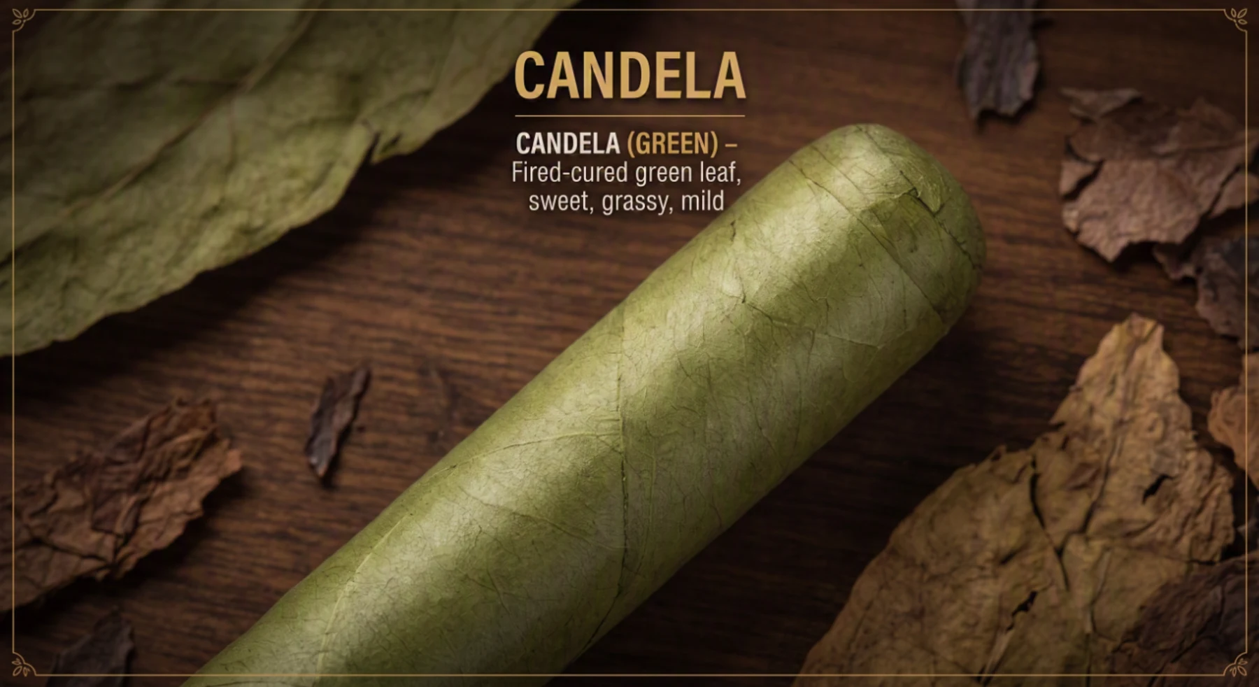 A cigar with a pale, jade-green candela wrapper resting on dark wood.