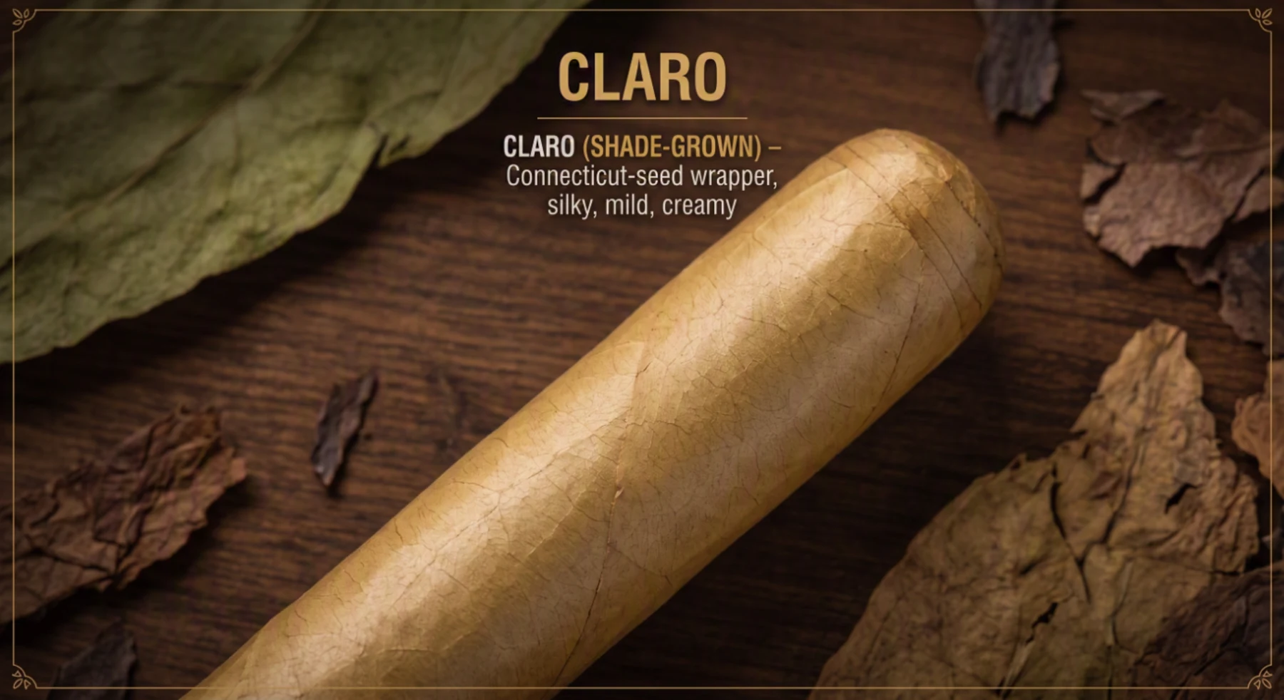 A cigar with a smooth, pale golden-tan claro wrapper on dark wood.