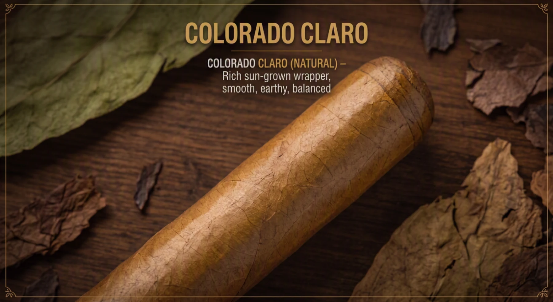 A cigar with a light reddish-tan colorado claro wrapper on dark wood.