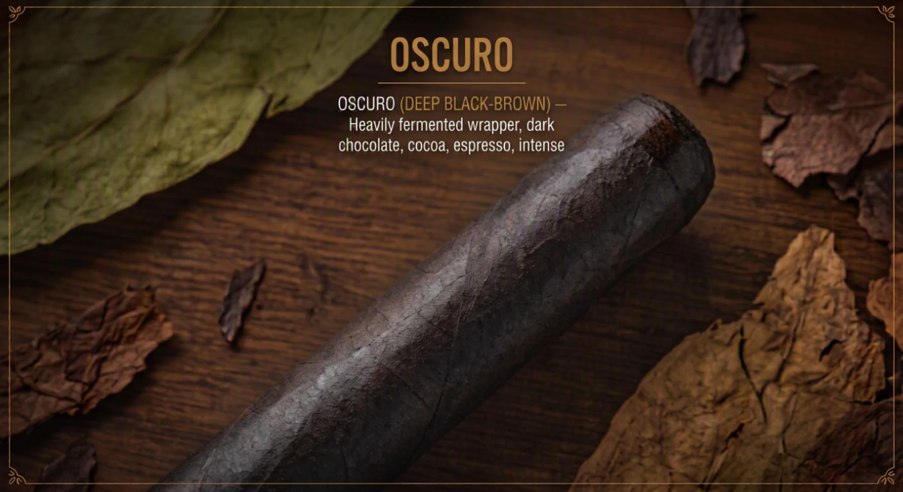 A cigar with a near-black, deeply oily oscuro wrapper on dark wood.